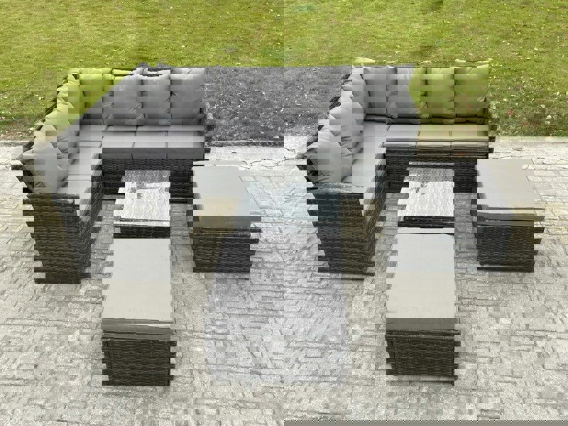 Fimous 8 Seater Outdoor Garden Furniture Set Wicker PE Rattan Corner Sofa Set with Square Coffee Table 2 Big Footstool Dark Grey Mixed