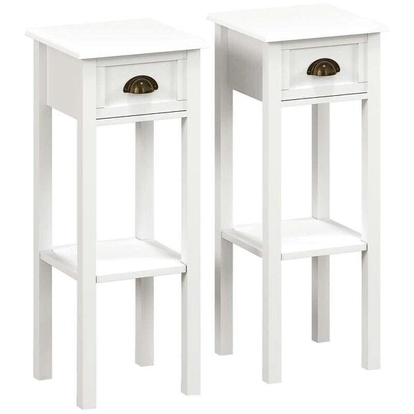 2-Tier Side Tables Set of 2 with Drawer and Shelf, 2 Pieces Bedside Tables for Living Room and Hallway, White