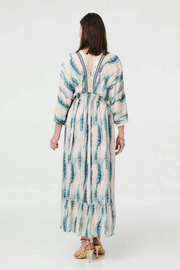 Blue | Printed 3/4 Sleeve Empire Maxi Dress