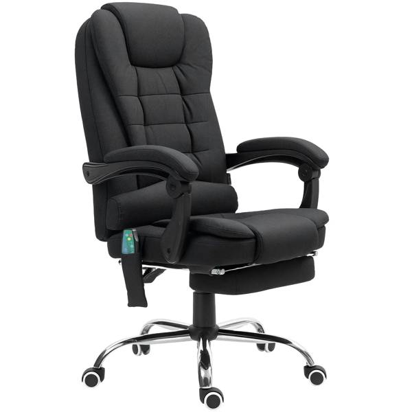 Black upholstered office chair with padded back, armrests, and swivel caster base