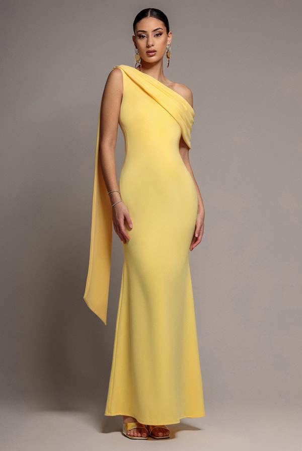 Sash One Shoulder Bardot Maxi Dress - Butter Yellow DR4830