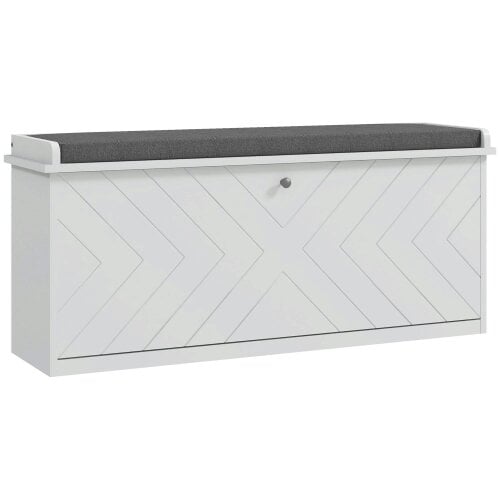Wyld Haus Rakamo Wooden White Chevron Shoe Bench With Grey Padded Seat For 10 Pairs