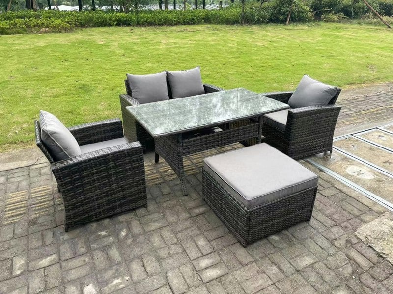 Fimous 5 Seater Outdoor Dark Grey Mixed High Back Rattan Sofa Dining Table Set Love Seat Garden Furniture Big Footstool