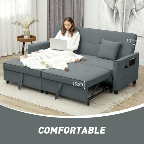 Wyld Haus Senosa Grey Upholstered 3 Seater Convertible Sofa Bed Tufted