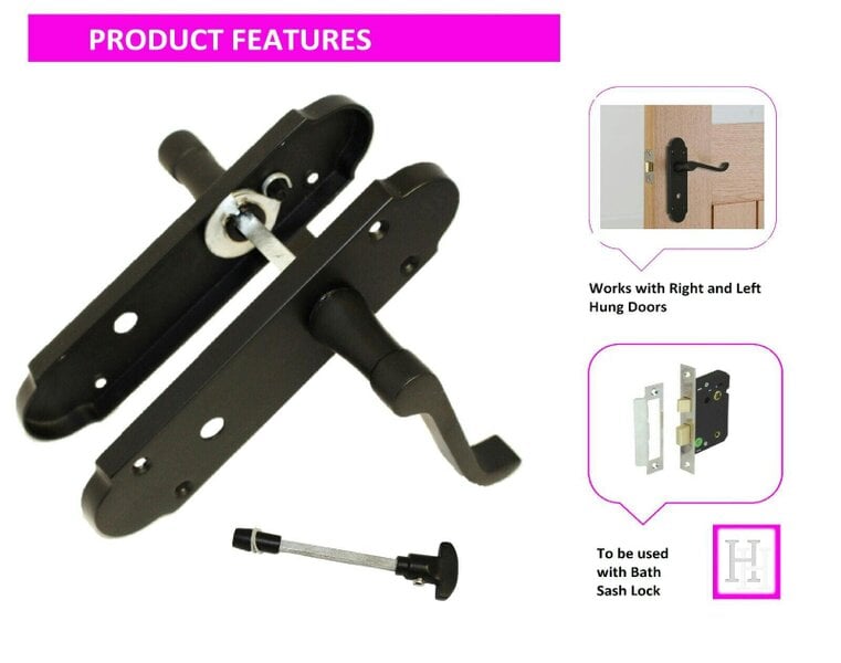 EDH Door Hardware Matt Black Victorian Scroll Bathroom Door Handles With Sash Lock Epsom Pack