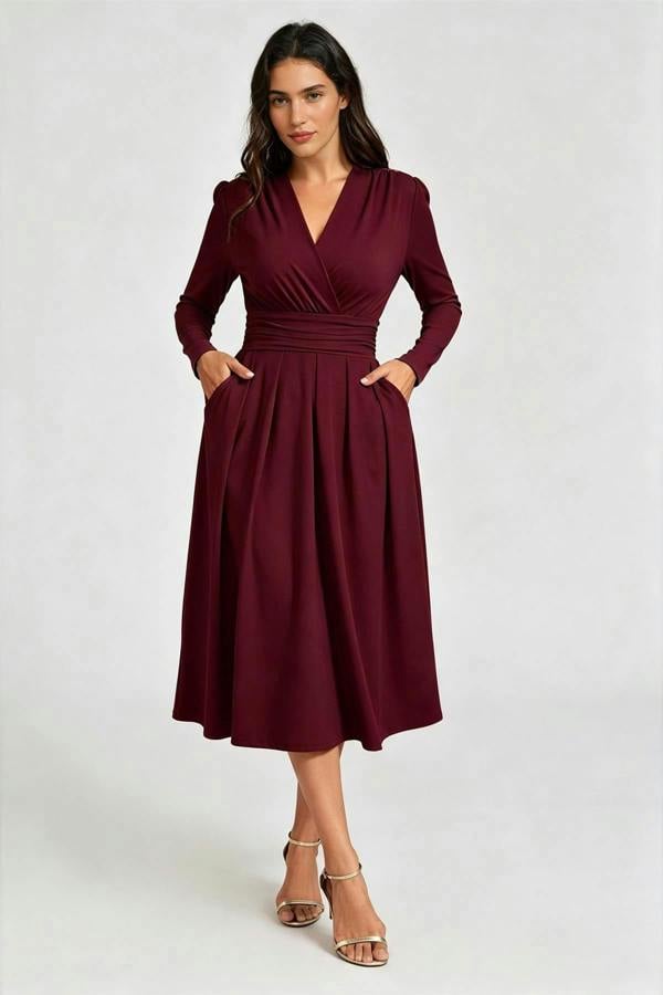 FS Collection Jersey Long Sleeve Midi Dress In Burgundy