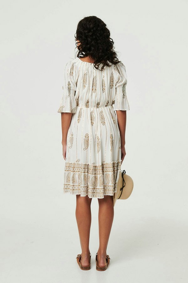 Cream | Ikat Print Knee Length Bardot Dress
