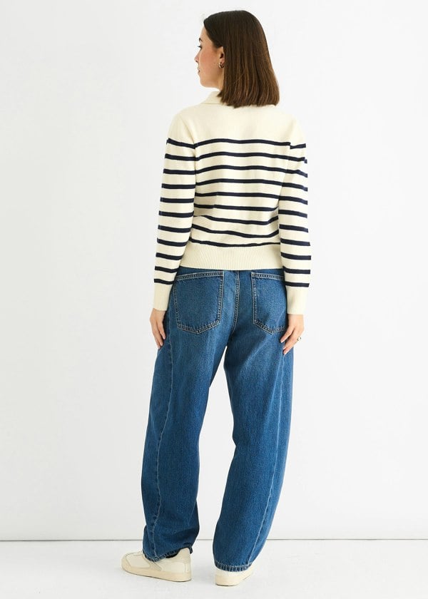 Gini London Cream Recycle Stripe V Neck Collar Knit Jumper