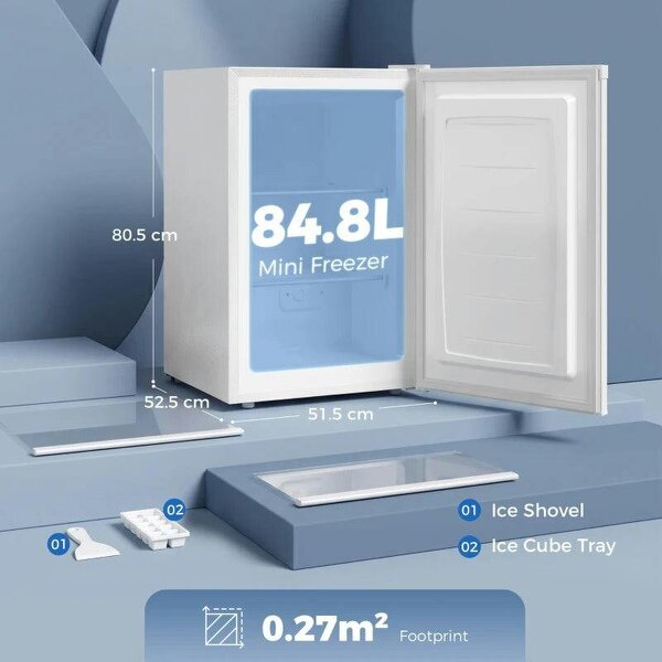 85L Mini Freezer Countertop, Compact Freestanding Upright Freezer with Reversible Door, Removable Glass Shelves, White