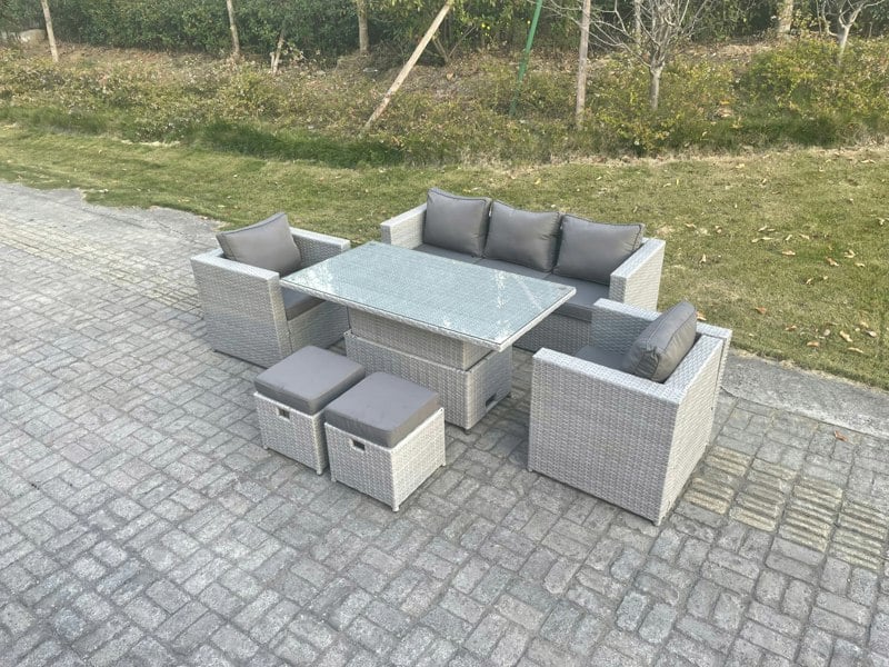 Fimous Outdoor 7 Seater Rattan Dining & Lounge Set with Adjustable Height Table, Sofa, 2 Armchairs & Stools