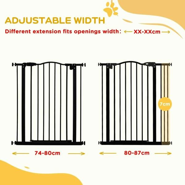 Black metal dog safety gate with adjustable width layout diagram