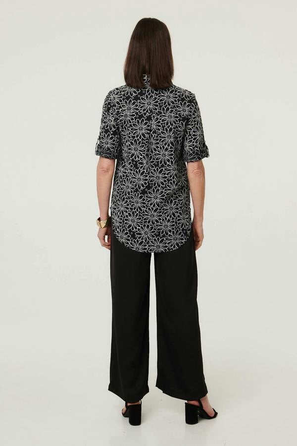 Black | Floral Embroidered Texture 3/4 Blouse