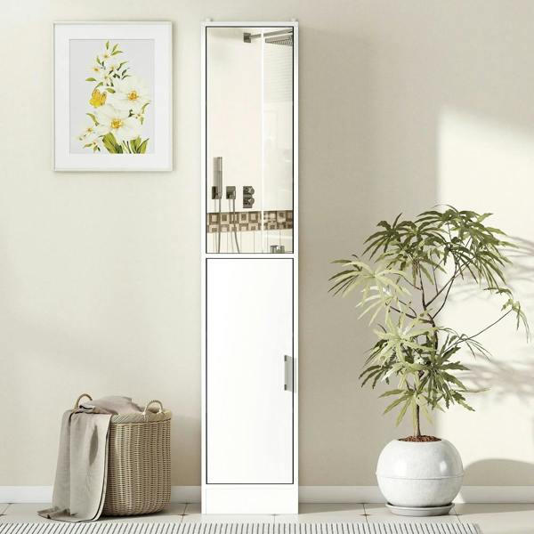 White tall bathroom cabinet with mirror, side view with open storage door
