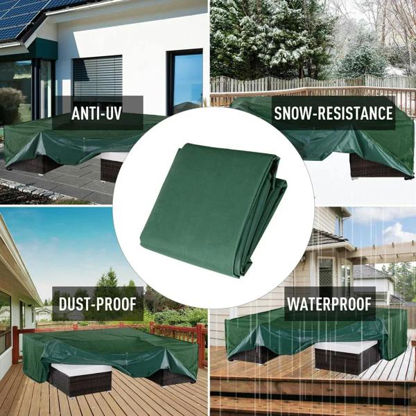 Green waterproof patio furniture cover with folded section shown in outdoor setting