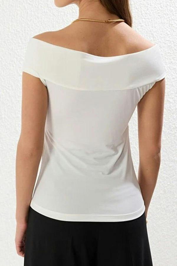 WOVCOR Fitted Stretch Knit Blouse with Rose Detail