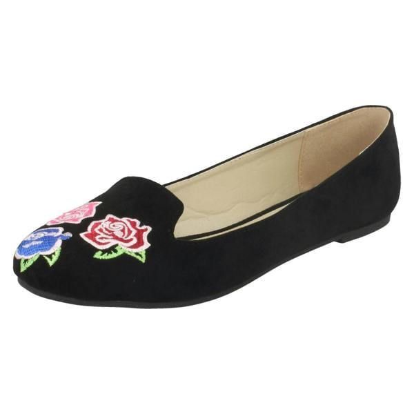 Spot On Ladies Spot On Embroidered Flower Vamp Ballerinas