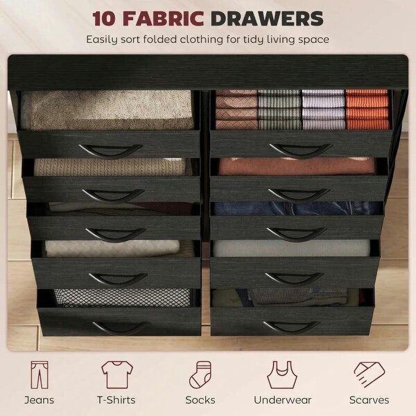 Chest of Drawers, Dresser with 10 Fabric Drawers, Tall Storage Unit with 4 Pockets and 2 Hooks Steel Frame, Black