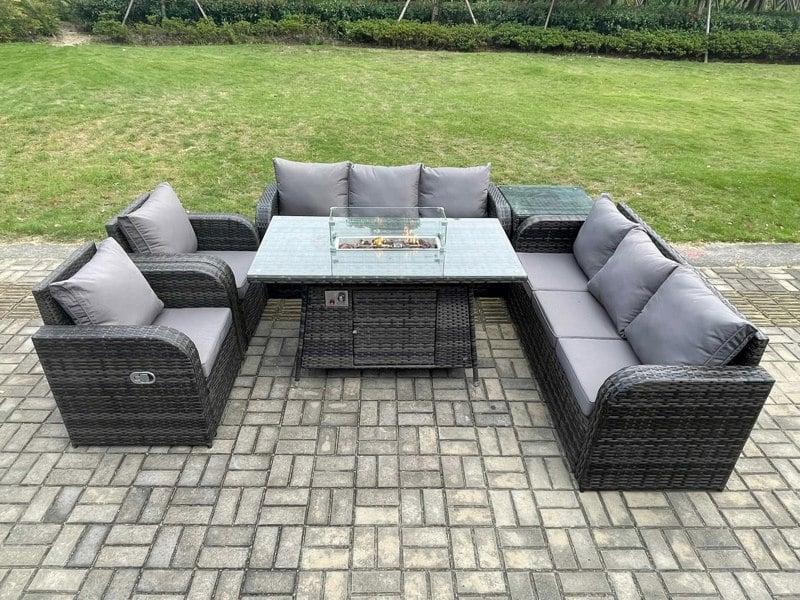 Fimous Rattan Garden Furniture Set with Fire Pit Table,Chair and Side Table 8 Seater Outdoor Patio Lounge Sofa Set Dark Grey Mixed