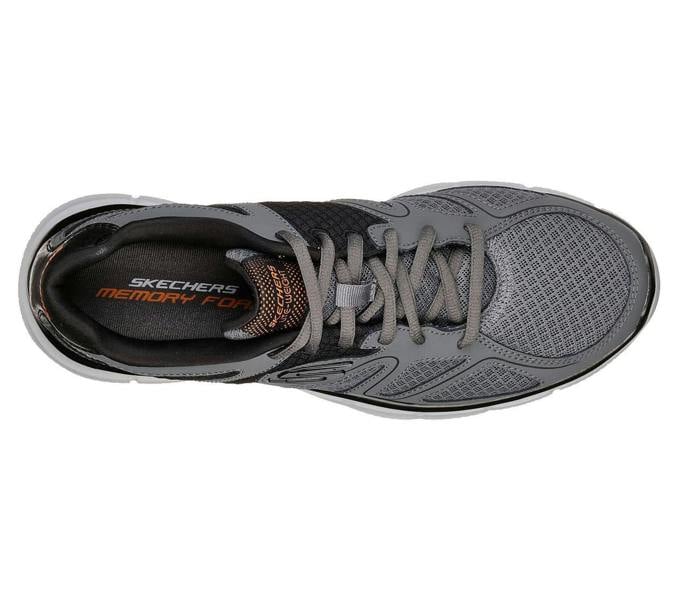 Skechers Verse-Flash Point Mens Sports Gym Walking Lace Up Trainers, top view of a grey and black athletic shoe with breathable mesh panels and lace-up closure.