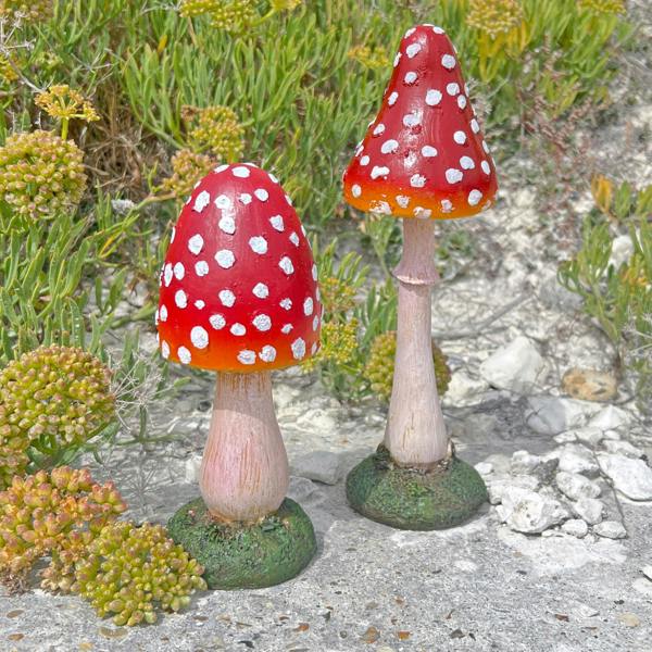 Farmwood Pair of Pointed Garden Mushroom Red Cap Toadstool Ornaments