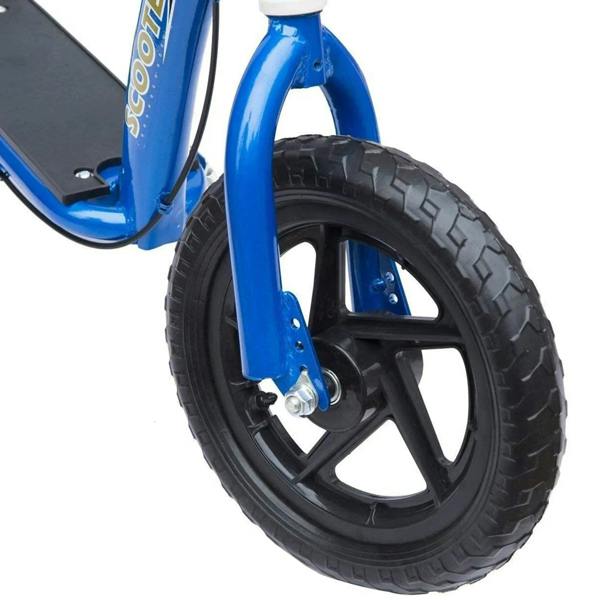 Blue kids kick scooter front wheel with black tire and spoked rim