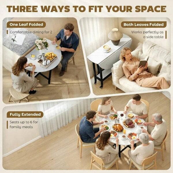 Folding Dining Table, Drop Leaf Table with Open Shelf, Rolling Kitchen Table for Dining Room, Small Spaces, White Marble