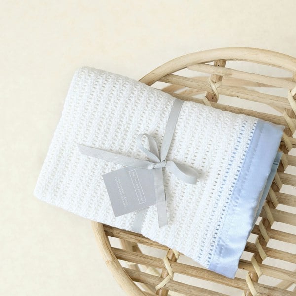 Luxury Organic Baby Blanket with Satin Edging – White & Blue - The Tiny Bed Company™