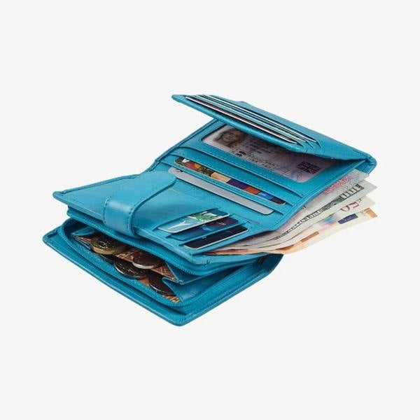 Women's real leather purse in turquoise with zipped coin pocket and card holder