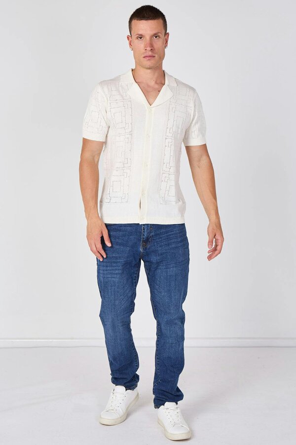 Men's Textured Knitted Button-Through Polo Shirt