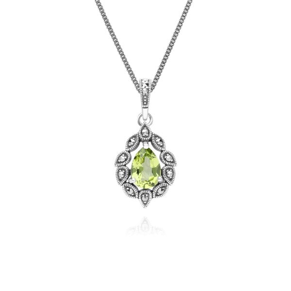Gemondo Art Deco Style Pear Peridot & Marcasite Pendant Necklace in Sterling Silver
