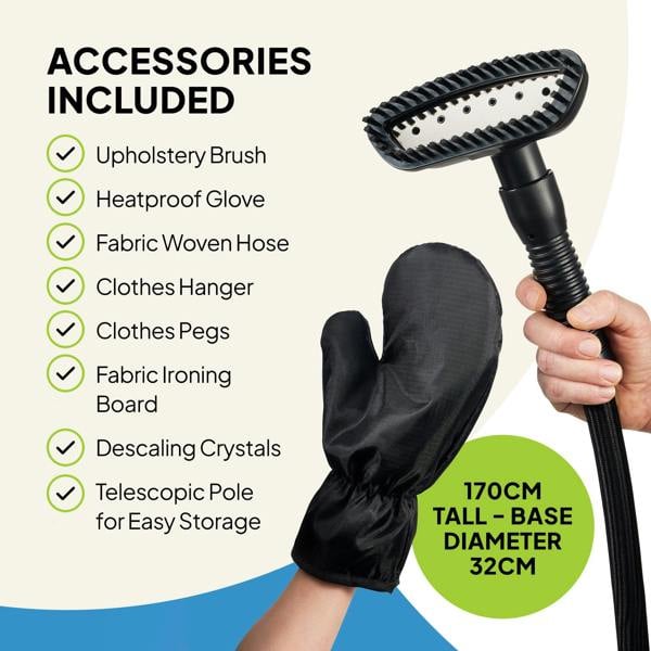 Fridja Garment Care Pro Duo – f1200 Clothes Steamer Pro & f40 Fabric Shaver shown with included accessories: upholstery brush, heatproof glove, woven hose, hanger, pegs, ironing board, descaling crystals, telescopic pole. Gloved hand holds steamer head.