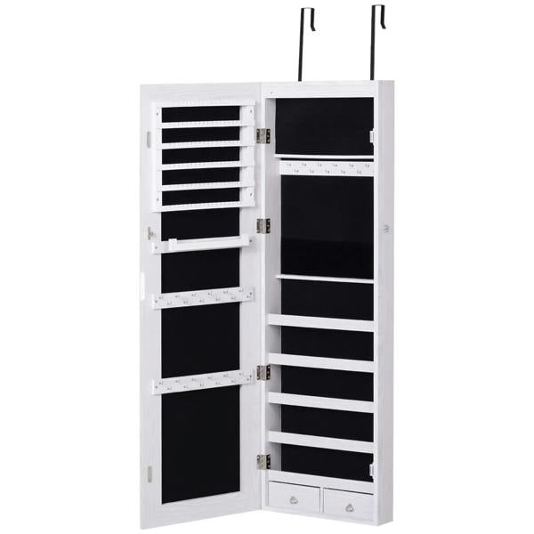 White jewelry cabinet with open compartments and black backing, lockable storage.