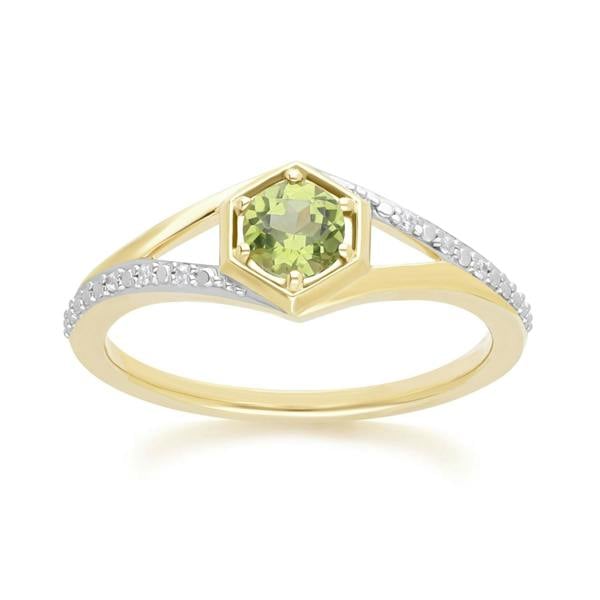 Gemondo Geometric Hexagon with Prong set Round Peridot and Diamond Ring in 9ct Yellow Gold
