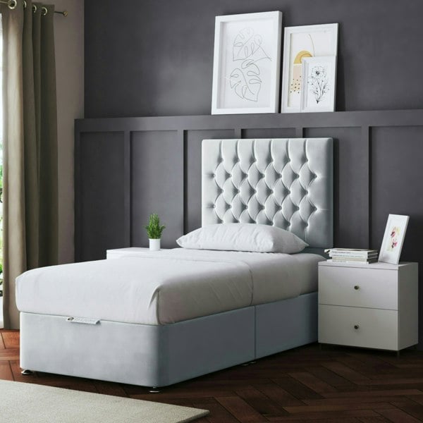 DS Living Seraphine Divan Bed with Upholstered Headboard - Two Drawers - Silver - Single
