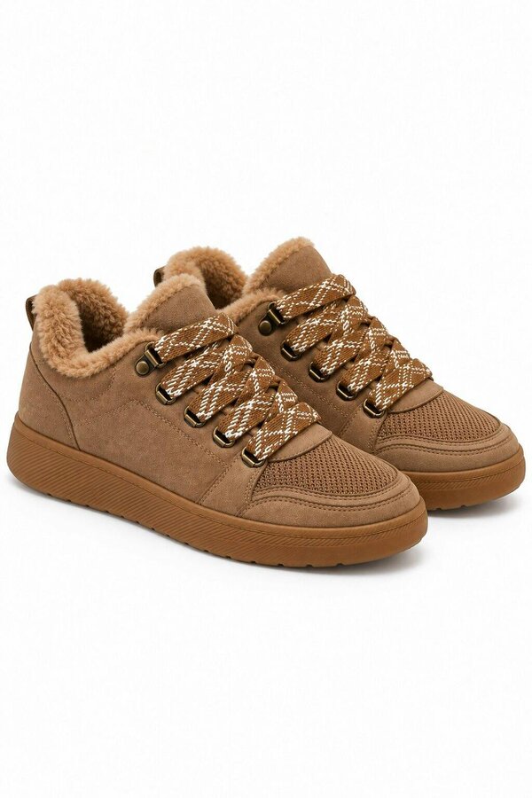 Love Lemonade Hudson Comfort Faux Suede Check Lace Faux Fur Lined Trainers Camel