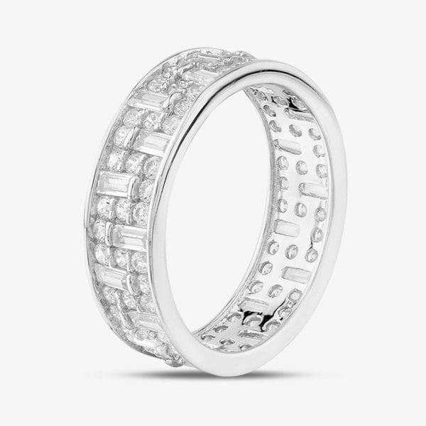 T. H. Baker Silver Brilliant & Baguette Cut Cubic Zirconia Pattern Band Full Eternity Ring R7640-1