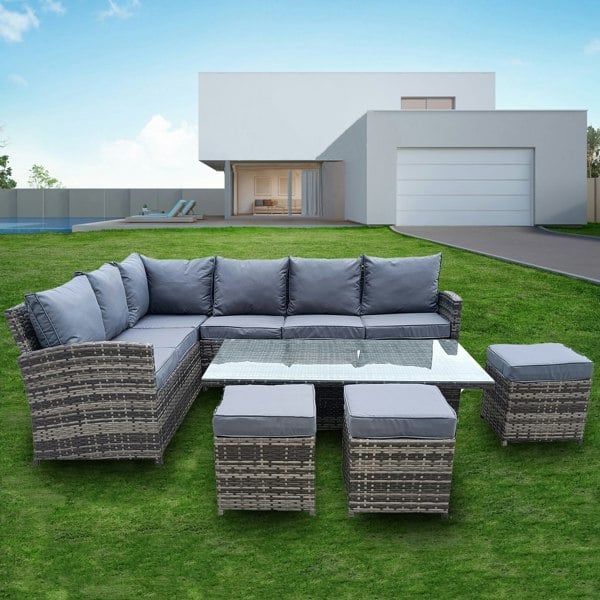 Furniture One 9 Seater Rattan Patio Dining Table Set with Table, Padded Corner Sofa, 3 Stool Outdoor Corner Sofa Set, All-Weather Patio Set