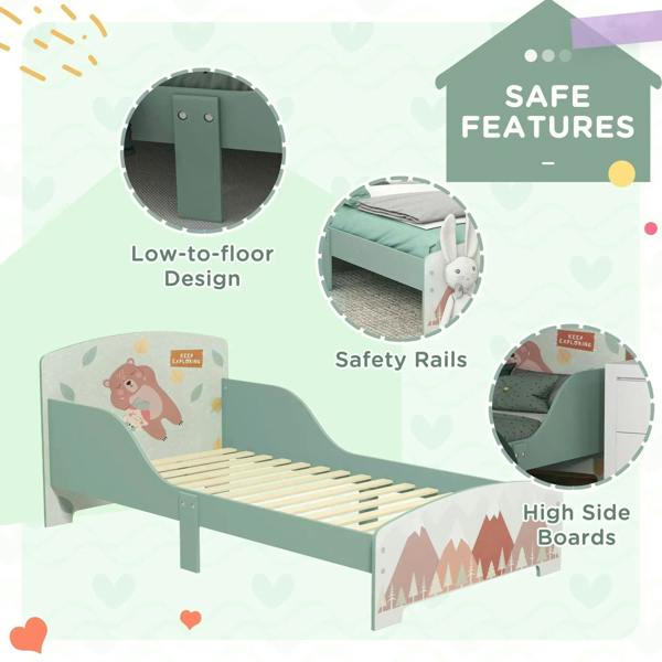 Green toddler bed frame with safety rails and slatted base; raised side panels shown