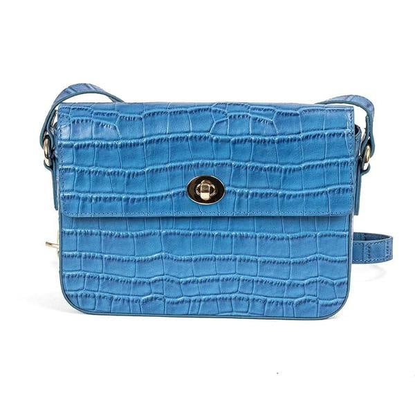 Pia Blue Croc-Embossed Leather Cross-Body Bag, Slim Satchel with Gold