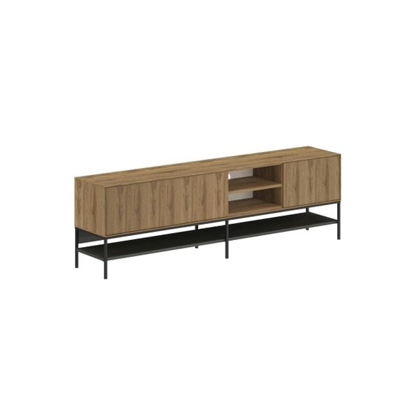 Decortie Amira 180cm Modern TV Stand, Entertainment Centre with Metal Legs & Push-to-Open Doors - Whiskey Oak-Black Wood
