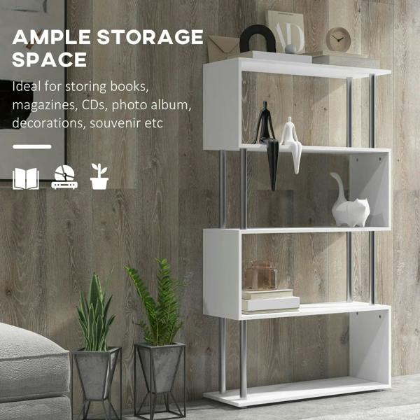 White S-shaped 5-tier bookcase with open shelves and metal legs for storage
