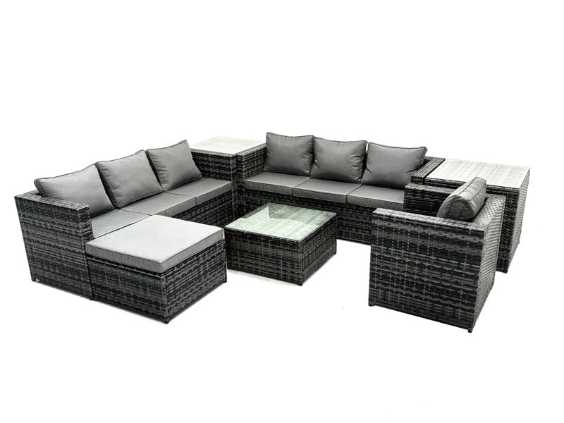Fimous Rattan Garden Furniture Dining Set 8 seater Patio Coffee Table Sofa Set with 2 Side Tables Big Stool Dark Grey Mixed