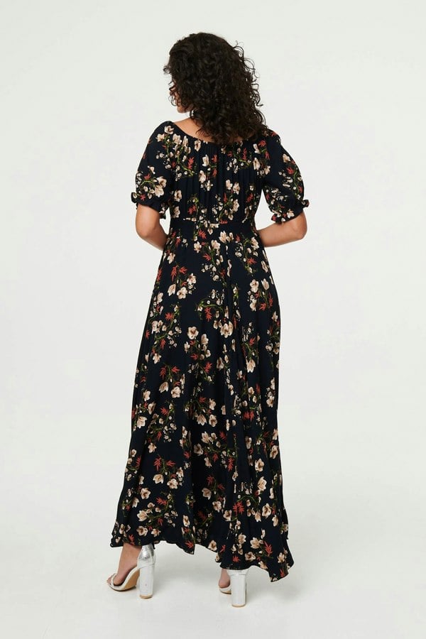 Navy | Floral Bardot Shirred Empire Maxi Dress
