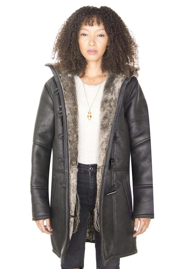 Infinity Leather Womens Black Shearling Hooded Duffle Coat-Lille
