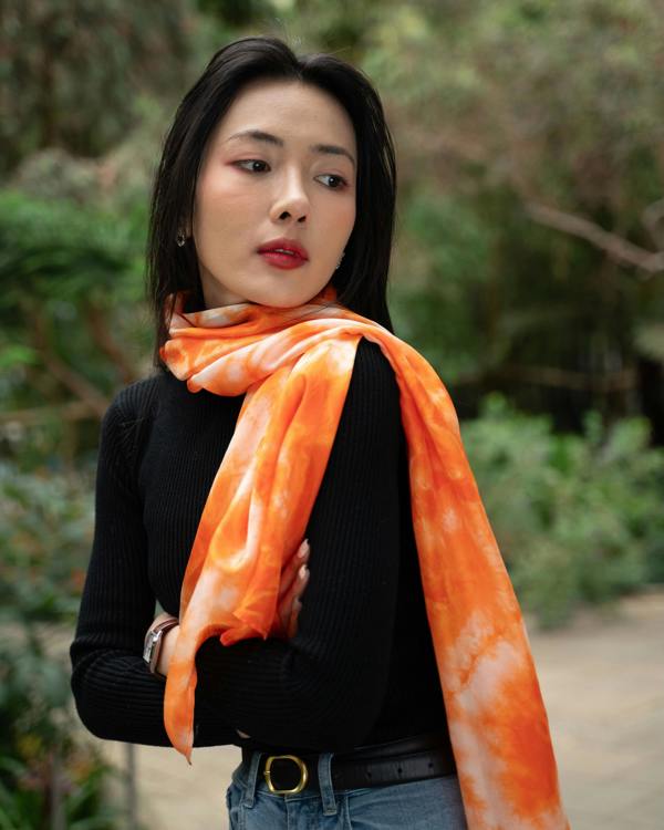 Orange Shibori Silk Scarf – Hand-Dyed Mulberry Silk, Beach & Pool Wrap
