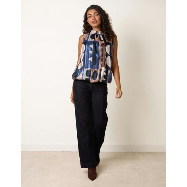 Blue Vanilla High Neck Sleeveless Geometric Blouse
