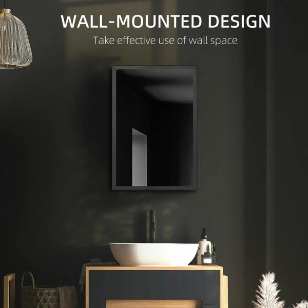 Black wall-mounted bathroom mirror cabinet mounted on the wall