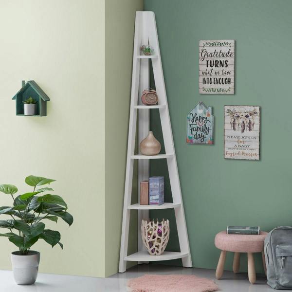 Timber Art Design Riva Scandinavian Retro 5 Tier Corner Ladder Bookcase Shelf Unit