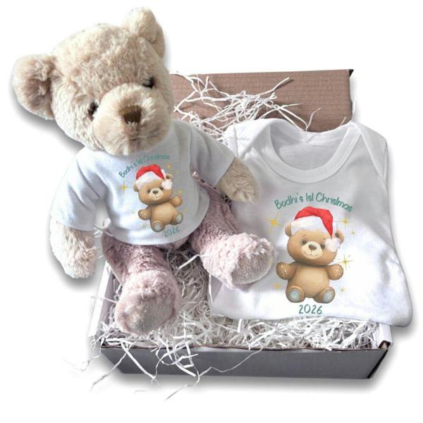 Personalised 1st Christmas Baby Gift Box, Teddy Bear & Baby Outfit