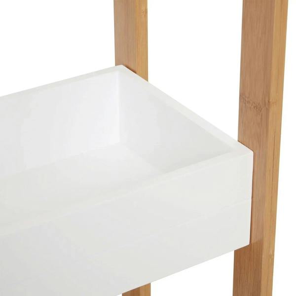 Middle tier of bamboo bathroom shelf rack with white step and bamboo supports